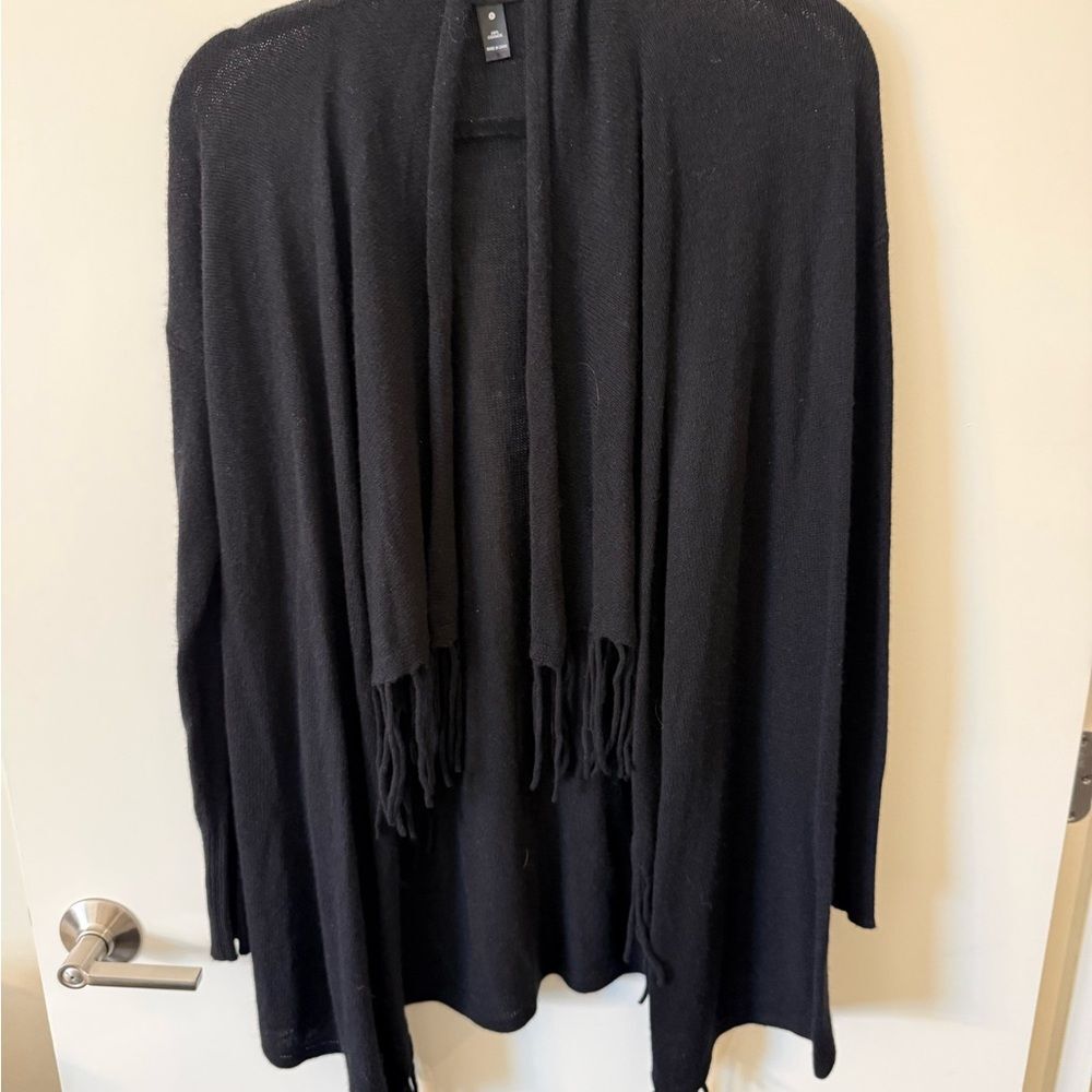 Aqua Cashmere Black Open-Front Fringe Women's Sweater Cardigan